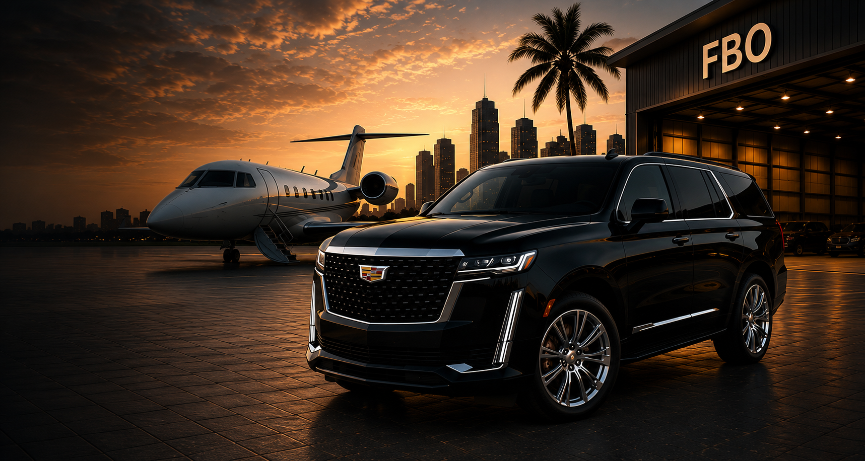 Cadillac Escalade at private FBO hangar in Miami